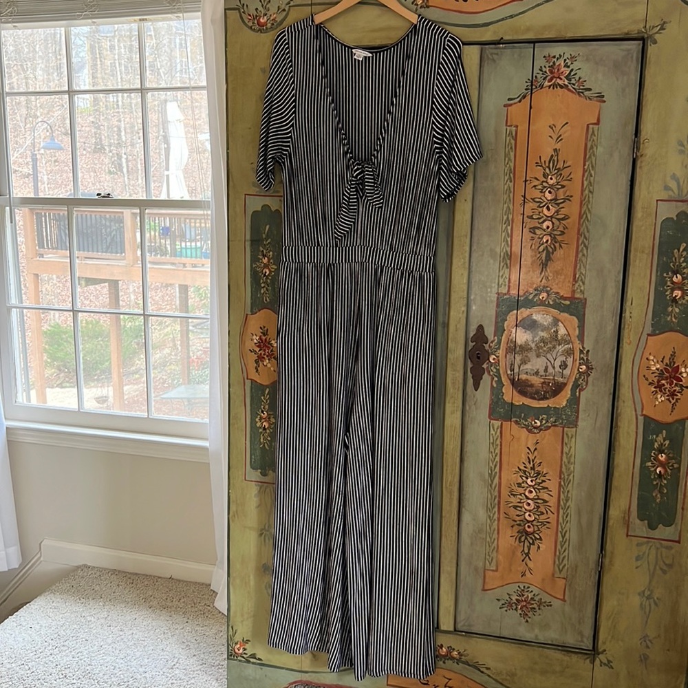 American Eagle black and white stripe knit jumpsuit L